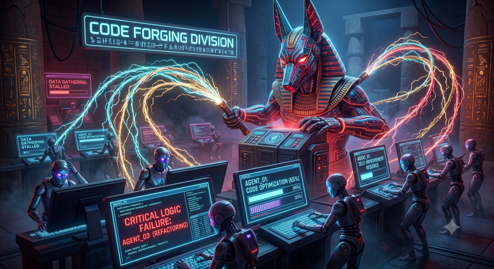 A jackal-headed conductor standing before a hall of agent workstations, each screen showing its own status: code optimization at 65 percent, a critical logic failure, data gathering stalled, self-improvement required.